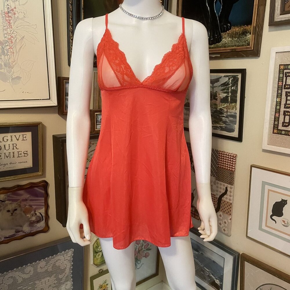 80s Vintage Pandora Sheer Red Nylon Babydoll Nightie Lingerie Size S